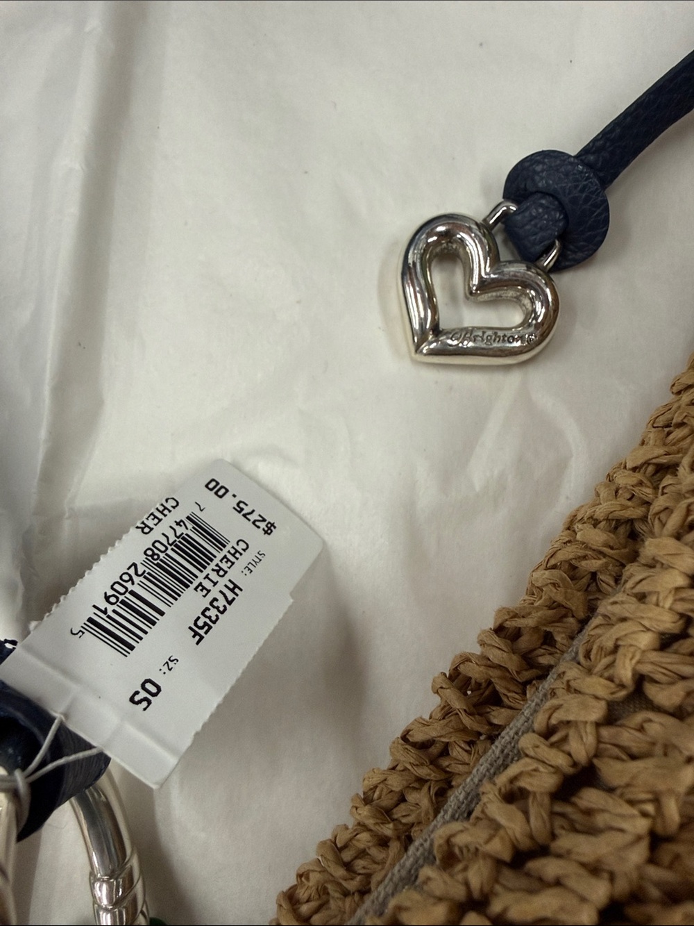 Brighton - Straw Woven Shoulder Bag with Navy Trim and Heart Charm - Picture 8 of 8